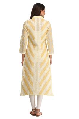Ada Lemon Hand Embroidered Cotton Lucknow Chikankari Women Kurti - A239019 2