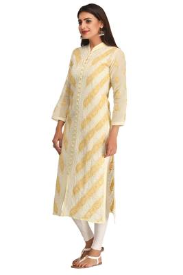 Ada Lemon Hand Embroidered Cotton Lucknow Chikankari Women Kurti - A239019 3