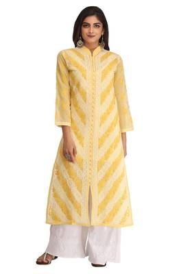 Yellow Embroidered Cotton Chikankari Kurti 1