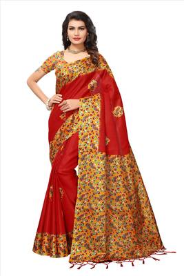 Red printed silk blend saree with blouse 1