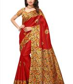 Red printed art silk saree with blouse