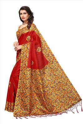 Red printed silk blend saree with blouse 4