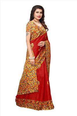 Red printed silk blend saree with blouse 5