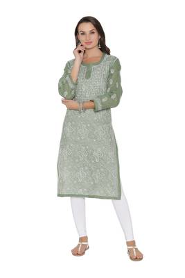 Green Embroidered Cotton Chikankari Kurti 1