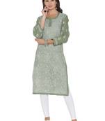 Green Embroidered Cotton Chikankari Kurti