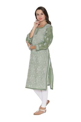 Green Embroidered Cotton Chikankari Kurti 3