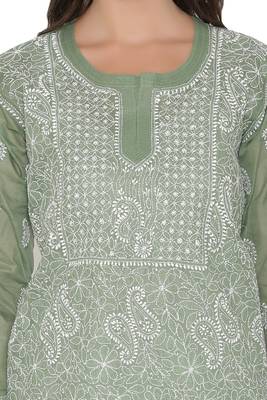 Green Embroidered Cotton Chikankari Kurti 4