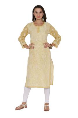Fawn Embroidered Cotton Chikankari Kurti 1