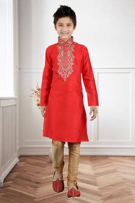 Maroon Art Silk Embroidery Kids Boys Kurta Pyjama 1