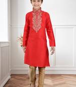 Maroon Art Silk Embroidery Kids Boys Kurta Pyjama
