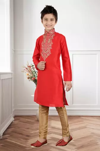 Maroon Art Silk Embroidery Kids Boys Kurta Pyjama