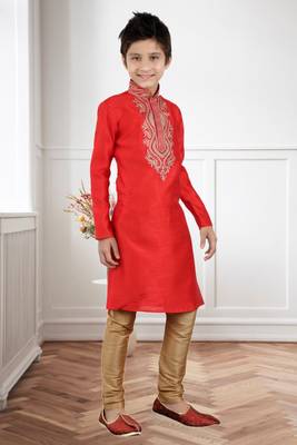 Maroon Art Silk Embroidery Kids Boys Kurta Pyjama 3