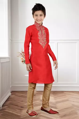 Maroon Art Silk Embroidery Kids Boys Kurta Pyjama