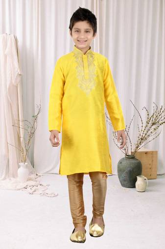 Yellow Art Silk Embroidery Kids Boys Kurta Pyjama