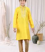 Yellow Art Silk Embroidery Kids Boys Kurta Pyjama