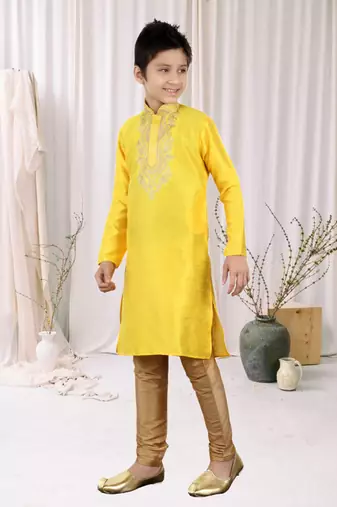 Yellow Art Silk Embroidery Kids Boys Kurta Pyjama