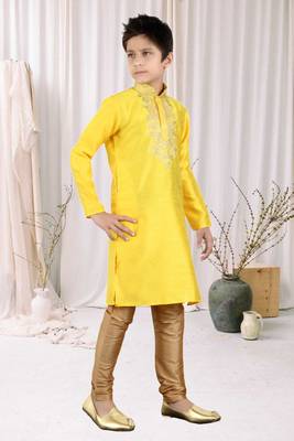 Yellow Art Silk Embroidery Kids Boys Kurta Pyjama 3