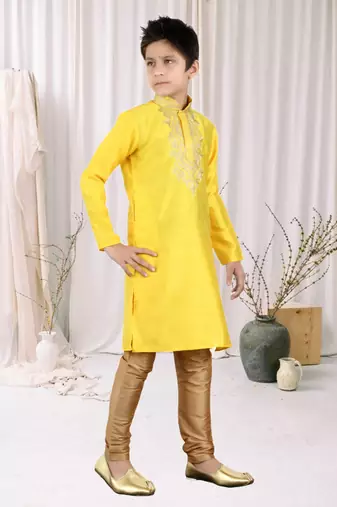 Yellow Art Silk Embroidery Kids Boys Kurta Pyjama