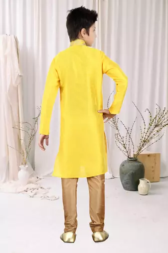 Yellow Art Silk Embroidery Kids Boys Kurta Pyjama