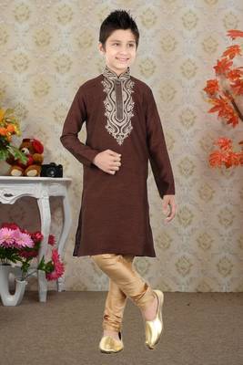 Wine Art Silk Embroidery Kids Boys Kurta Pyjama 1
