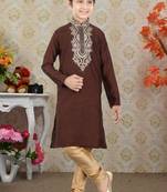Wine Art Silk Embroidery Kids Boys Kurta Pyjama