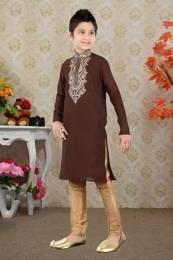 Wine Art Silk Embroidery Kids Boys Kurta Pyjama