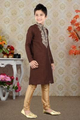 Wine Art Silk Embroidery Kids Boys Kurta Pyjama 3