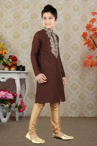 Wine Art Silk Embroidery Kids Boys Kurta Pyjama