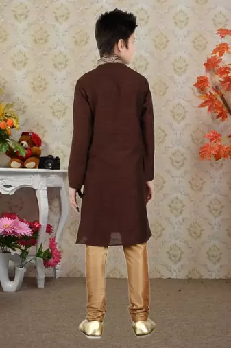 Wine Art Silk Embroidery Kids Boys Kurta Pyjama