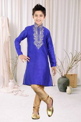 Royal Blue Art Silk Embroidery Kids Boys Kurta Pyjama 1