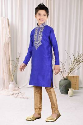 Royal Blue Art Silk Embroidery Kids Boys Kurta Pyjama 2