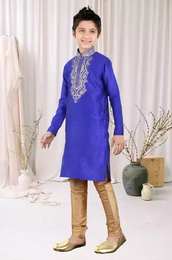 Royal Blue Art Silk Embroidery Kids Boys Kurta Pyjama