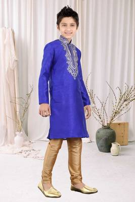 Royal Blue Art Silk Embroidery Kids Boys Kurta Pyjama 3