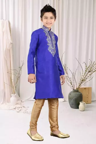 Royal Blue Art Silk Embroidery Kids Boys Kurta Pyjama