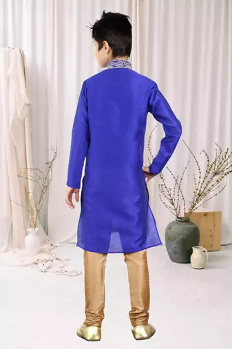 Royal Blue Art Silk Embroidery Kids Boys Kurta Pyjama