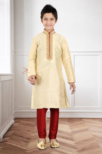 Gold Art Silk Embroidery Kids Boys Kurta Pyjama