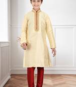 Gold Art Silk Embroidery Kids Boys Kurta Pyjama