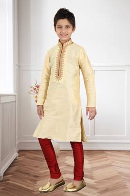Gold Art Silk Embroidery Kids Boys Kurta Pyjama 2