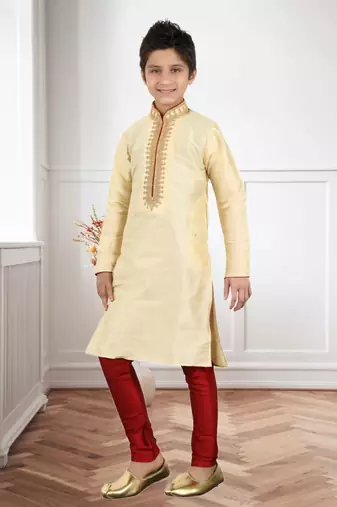 Gold Art Silk Embroidery Kids Boys Kurta Pyjama
