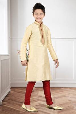 Gold Art Silk Embroidery Kids Boys Kurta Pyjama 3