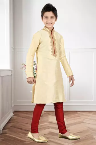 Gold Art Silk Embroidery Kids Boys Kurta Pyjama