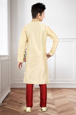 Gold Art Silk Embroidery Kids Boys Kurta Pyjama 4