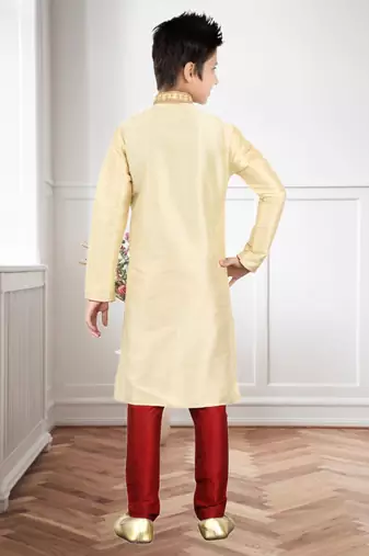 Gold Art Silk Embroidery Kids Boys Kurta Pyjama