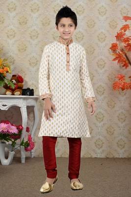 Fawn Art Silk Printed Kids Boys Kurta Pyjama 1