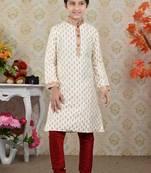 Fawn Art Silk Printed Kids Boys Kurta Pyjama