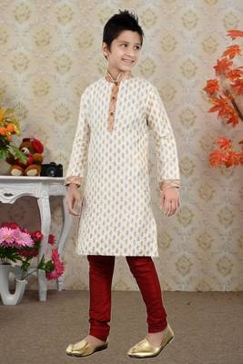 Fawn Art Silk Printed Kids Boys Kurta Pyjama 3