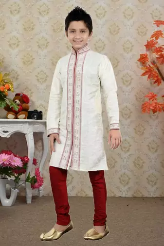Lemon Art Silk Embroidery Kids Boys Kurta Pyjama