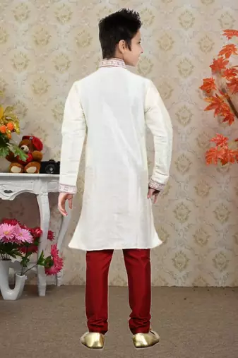 Lemon Art Silk Embroidery Kids Boys Kurta Pyjama