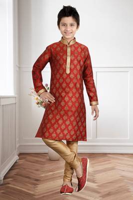 Maroon Art Silk Printed Kids Boys Kurta Pyjama 1