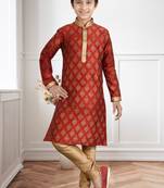Maroon Art Silk Printed Kids Boys Kurta Pyjama
